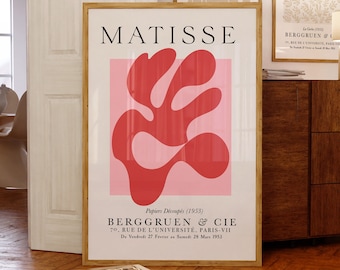 Stampa di Matisse rosa, stampa di Matisse ritagliata, stampa di Matisse, stampa di fiori astratti, stampa di arte moderna, stampa di poster contemporanei rossi e rosa.