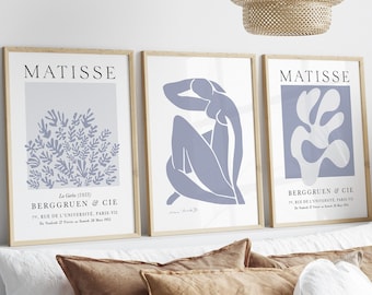 May include: Three framed prints of Matisse artwork. The prints are in a light blue color scheme with white outlines. The prints feature abstract shapes and designs. The text on the prints reads "Matisse" and "Berggruen & Cie".
