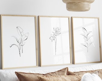 Minimalist Flower Line art Prints, Flower Wall Art, Floral Print, Simple Botanical Wall Decor, Set Of 3 Minimal Prints | DIGITAL DOWNLOAD