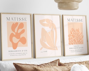 Orange Matisse Set of 3 Prints Boho Wall Art Above Couch Art Orange Abstract Floral Posters Matisse Printable Wall Art DIGITAL download