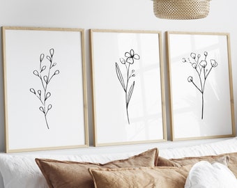 Flower Line art Set of 3 Digital Prints | Floral Prints, Instant Download, Botanical Line art Poster, Minimalist Flower wall decor Printable