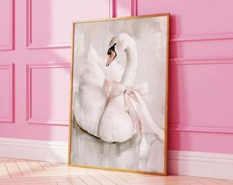 Swan with Pink Bow Nursery Decor, Grandmillenial Prints Grandma Chic Poster Trendy Coquette College Room decor Feminine Balletcore Aesthetic