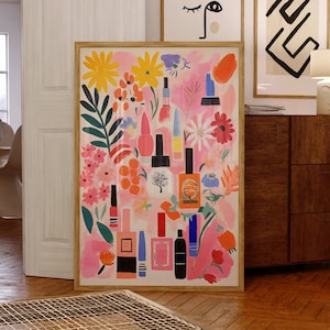 May include: A framed illustration of a pink background with colourful flowers and various bottles of nail polish. The bottles are arranged in a grid pattern and are surrounded by flowers in shades of pink, orange, yellow, and blue.