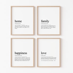 Definição de amor, definição de família, presente de casamento, conjunto de 4 pôsteres para casa, presente de família, arte de parede para sala de estar, decoração para casa, para impressão