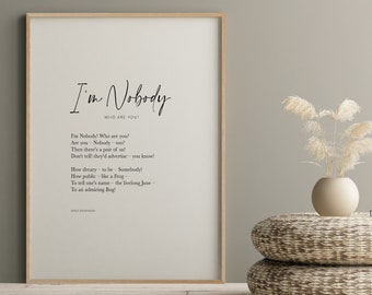 Emily Dickinson, I'm Nobody Who are you? Emily Dickinson Poem, Emily Dickinson Quotes, literary gift, printable