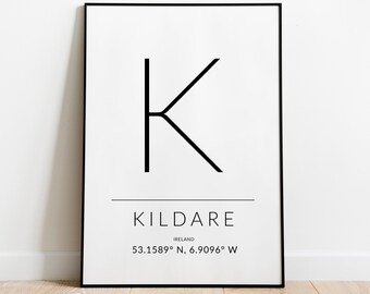 Kildare poster, Irish Wall Decor, Irish Gifts, Irish Gift, Ireland Posters, Gps coordinates gift, Gps coordinates, printable