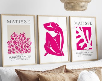 Pink Matisse Print Wall Art Set of 3 Prints Henri Matisse Printable, Abstract Floral Poster Hot Pink Wall Decor Museum  Poster | DIGITAL