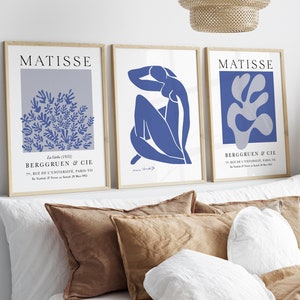 Blue Matisse Set of 3 Prints Blue Floral Three Piece Gallery Wall Posters Classy Museum Exhibition Art Living room decor printable wall art