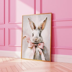 Osterhase Kaninchen Druck Ostern Kinderzimmer Dekor Grandmillenial Druck Oma schicke niedliche rosa Schleife rosa Malerei druckbare Wandkunst