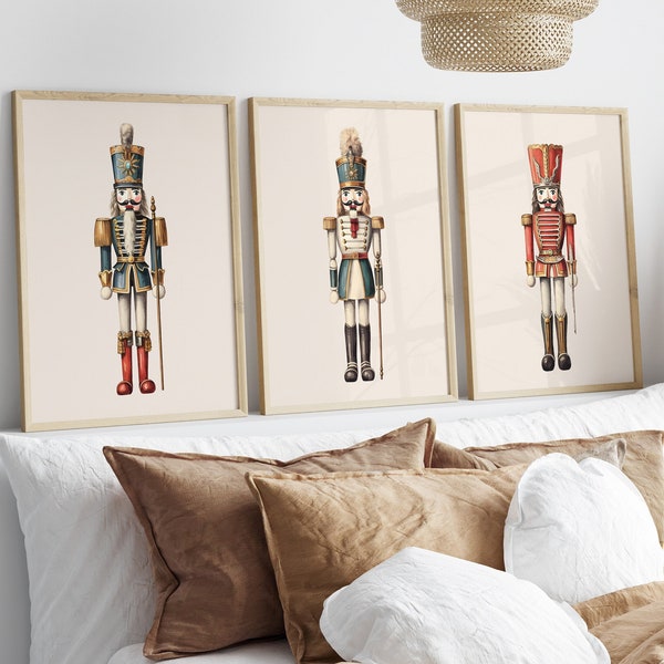 Conjunto de 3 láminas de Cascanueces, decoración navideña vintage para pared, póster artístico para galería de pared navideña, decoración navideña para habitación infantil, descarga digital.
