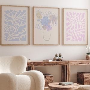 Set di 3 stampe pastello, arte murale floreale, stampe artistiche DIGITALI con vaso di fiori azzurro, poster stampabile per cameretta dei bambini