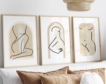 Conjunto de impresión de arte de línea de mujer de 3 impresiones decoración de arte de pared del dormitorio, impresiones de arte femenino elegante y elegante, dibujo romántico, arte digital sexy moderno