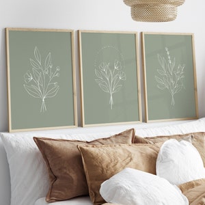 Flower Line art Prints Digital Download / Fall Decor, Floral Wall Prints, Botanical Prints, Set Of 3 Sage Green, Minimalist Art, PRINTABLE