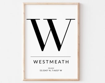 Konsttryck av Westmeath Irlandkarta: Irländsk heminredning (digital nedladdning)