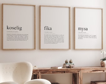 Hygge の定義 6 枚のプリントのセット、Lagom ギフト、Fika ポスター、スウェーデンのオフィス装飾、Scandi アート、北欧のスカンジナビアの言葉 | デジタル ダウンロード