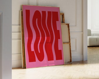 Valentines Day Love Poster Vintage 70s Print Cool Red Wall Art Retro Wavy Font Love Quote Art Trendy Dorm Decor Love Typography Printable