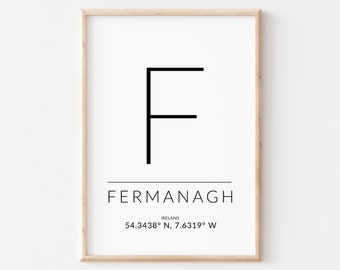 Fermanagh Irish Wall Decor, Irish Gifts, Irish Gift, Ireland Posters, Gps coordinates gift, Gps coordinates, printable