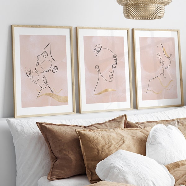 Blush Pink Wall Art Set of 3 Prints Pink Feminine Line Art Home Decor, Pink Poster Set of Three, printable Classy Elegant Drawings | DIGITAL