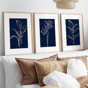 Conjunto de arte de parede azul marinho com 3 impressões, arte de linha azul marinho, impressão floral, pôster de flores da moda, conjunto de três itens para impressão, desenho botânico elegante, DIGITAL