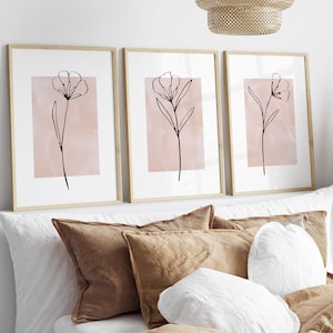 Pink Set of 3 Prints Blush Flower Line art Posters Printable Wildflowers Floral Digital Prints Trendy Minimalist Bathroom Wall Art Download