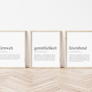 Gemütlichkeit Print, Set of 3 German definition prints, Fernweh Print, Feierabend Poster, German gifts, German wall art, Printable