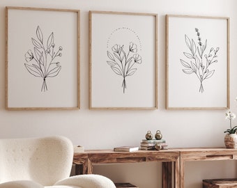 Flower Line art Prints Flower Wall Art Wildflower Bouquet Drawings Floral Posters Trendy Botanical Prints Set Of 3 Printables Digital Art