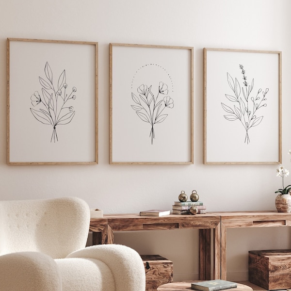 Floral Line Art Print Set of 3, Flower Sketch Poster, Wildflower Bouquet Drawings (Digital Download)