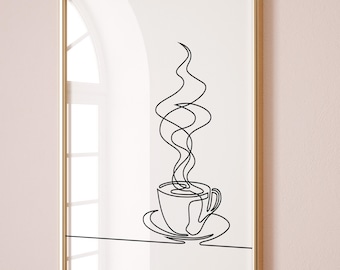 Coffee Line Art Print, Modern Kitchen Decor Coffee Shop Sign (Digital Download)