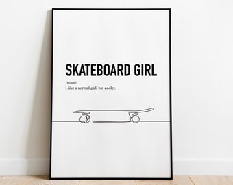Skateboard Wall Art, Skateboarder Girl Line Art Print: Teen Room Decor (Digital Download)