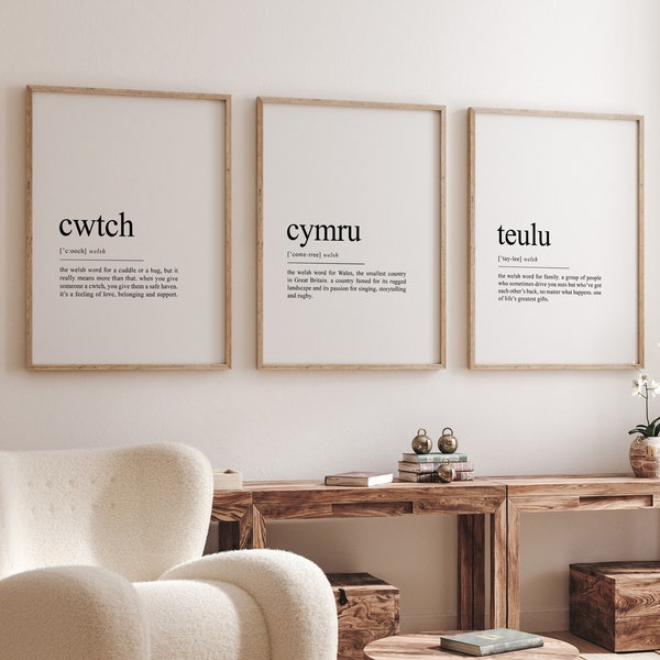 Welsh Set of 3 prints, Welsh Prints, Cymru Definition Print, Cwtch Poster, Teulu Gift for Family Wales, Printable Wall Art, Digital Download