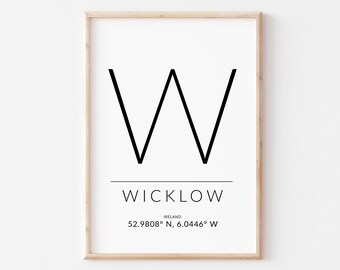 Wicklow Ireland-print: Ierse coördinaten muurkunst (digitale download)