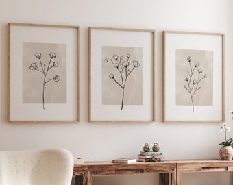 Neutrale Wanddrucke, Botanische Wanddrucke, Pflanzenwandkunst, Japandi-Linienkunst, Neutrale Wohnkultur, Natürliche Wandkunst, 3er-Set Wanddrucke