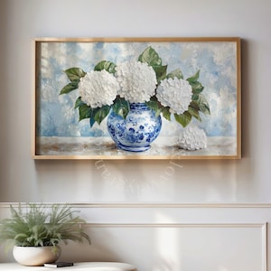 Hydrangea TV Art Spring Frame TV Art Chinoiserie Jar Screensaver White Hydrangea Flowers Painting Blue Floral Tv Artwork Smart TV Download