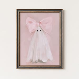 Pink Ghost Wall Art, Bow Ghost Art, Kids Halloween Nursery Decor, Girl College Room Decor, Printable Fall Decorations (Digital Download)
