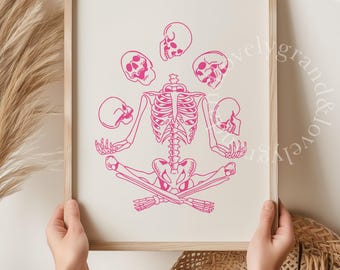 Lámina de Halloween, Divertido dibujo de esqueleto, Dibujo lineal rosa de Halloween, Decoración para fiestas infantiles de truco o trato, Decoración para apartamentos de niñas (Descarga digital)