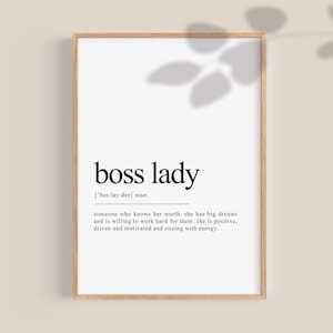 Prezent dla szefowej Definicja szefowej Wydrukuj plakat Boss Babe Inspirująca kobieta Przedsiębiorca Prezent dla kobiet z uprawnieniami Modne biuro domowe Sztuka