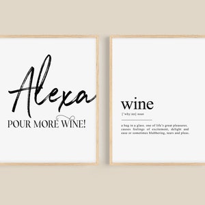 Wijnbar decor set van 2 prints liefde wijn thuisbar cadeau grappig Alexa wijn kunst trendy keuken muur decor leuke barwagen poster digitaal afdrukbaar