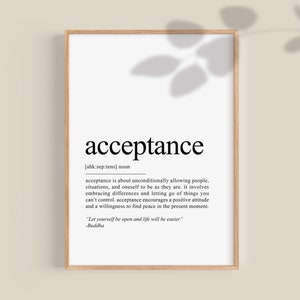 Impressão de definição de aceitação, arte de parede de escritório com citações positivas, pôsteres motivacionais para sala de aula, decoração, afirmações, dicionário, pôster para impressão