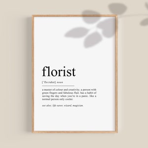 Florist Gift, Florist definition print, Gift for Florist, Wedding Florist gifts, dictionary art, printable wall art