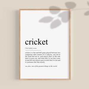 Impresión de definición de críquet, cartel de críquet, regalo para amantes del críquet, decoración de la pared de críquet, decoración de la habitación para adolescentes, regalo para fanáticos del críquet, imprimible