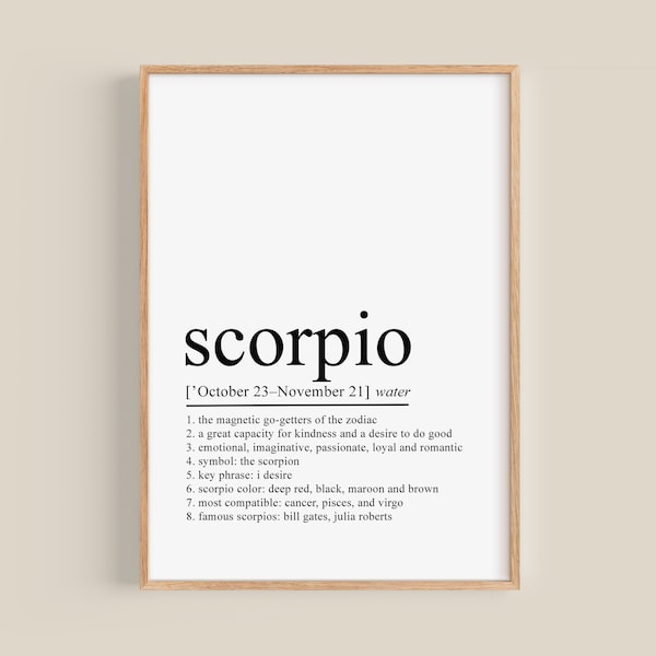 Scorpio Definition Print, Scorpio Gifts, Scorpio Print, Scorpio Decor, Zodiac Gifts, Scorpio Birthday Gift, digital download