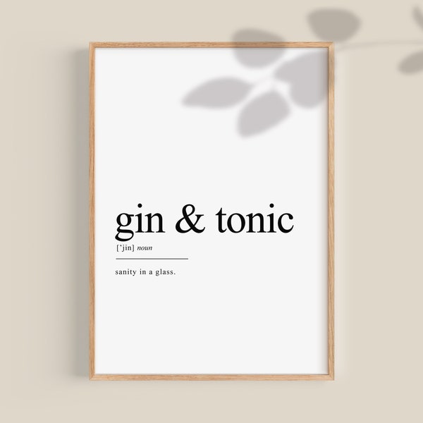 Gin and Tonic Definition Bar decor, Gin and Tonic Gifts, Gin gifts, Gin Wall Art, Gin Print, home bar poster, printable art