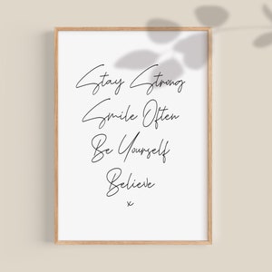 Motiverende citaten, inspirerend citaat, blijf sterk, wees jezelf citeer print, bevestigingskaarten, Office Decor afdrukbare muurkunst
