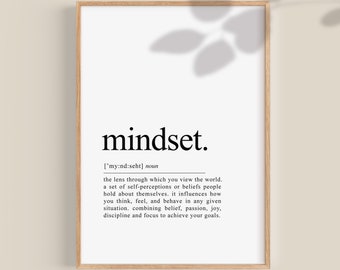 May include: A black and white printable wall art print with the word "mindset" in bold, followed by its definition. The definition explains mindset as the lens through which you view the world, a set of self-perceptions or beliefs people hold about themselves, and how it influences how you think, feel, and behave.