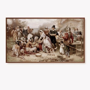 May include: A painting depicting a historical scene of a Thanksgiving feast with both European settlers and Native Americans. The scene is set outdoors with a table laden with food and people gathered around. The painting is in a warm, muted color palette with a focus on the figures and their interactions.