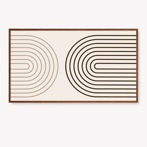 K&ouml;nnte beinhalten: Ein gerahmter abstrakter Kunstdruck mit zwei halbkreisf&ouml;rmigen Designs. Eine Seite hat ein beiges und graues geschichtetes Design, die andere Seite ein schwarzes geschichtetes Design. Der Rahmen ist dunkelbraun. Der Hintergrund ist hellbeige.