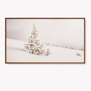 Samsung Frame TV Art Christmas Painting | Rustic Landscape Xmas Country Decor, Snowy Pine Trees with Lights | White Christmas Art Digital