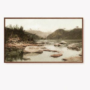 Samsung Frame TV Art Vintage Lake Mountain Landscape Painting | Muted Neutral Artwork for the frame Tv | DIGITAL Downloadable