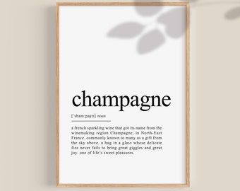 Champagne Definition Print, Champagne Poster, Dictionary Art, Bar Car Wall Art, Bar decor, home bar sign, digital prints