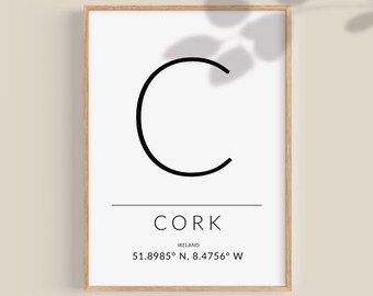 Cork Ireland-afdruk: minimalistische typografie muurkunst (digitale download)